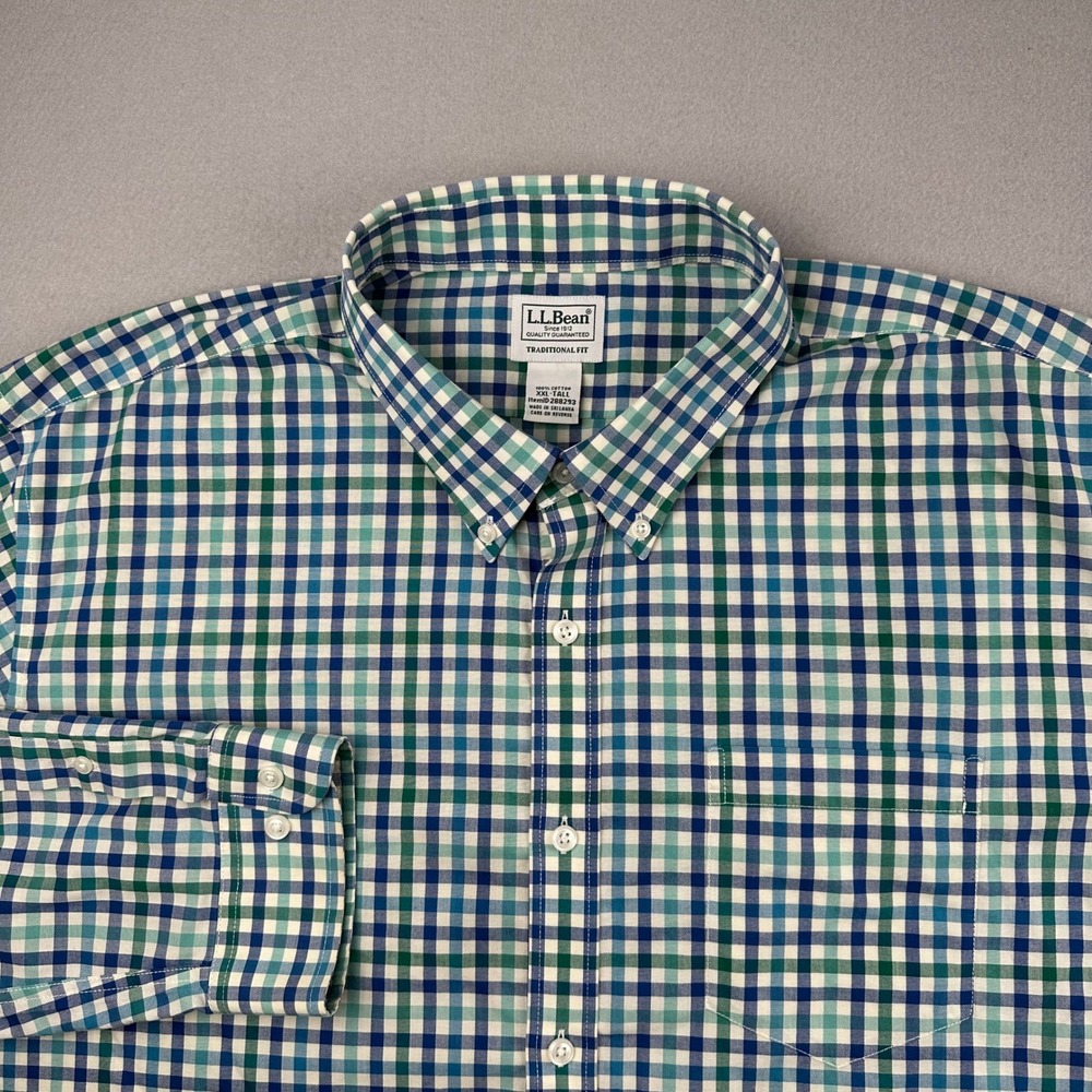 L.L. Bean Button Down Shirt Mens XXL Tall Blue Green Gingham Traditional Fit